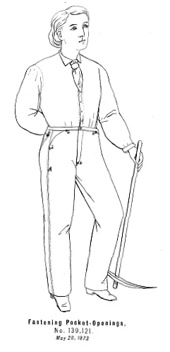 Patent drawing of a worker in riveted overalls holding a pickaxe