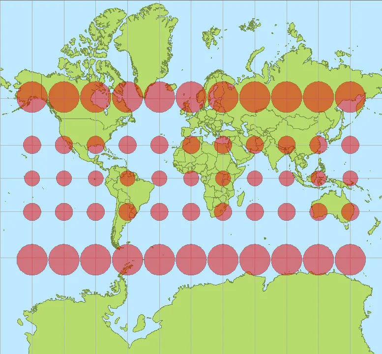 Mercator world map covered with red circles that grow larger toward the poles