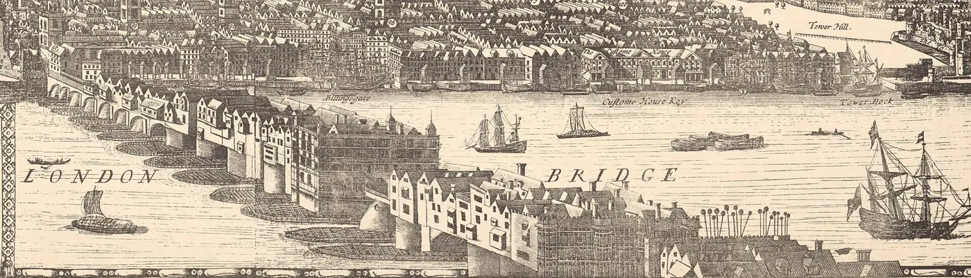 Drawing of old London Bridge lined with tall houses, with ships on the Thames